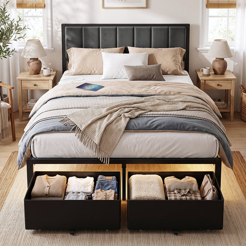 Bexfil Full Bed Frame with 2 Storage Drawers, Grey Upholstered | Headboard with Charging Station and LED Lights, Metal Platform Bed with Storage Shelf, Noise Free, No Box Spring Needed