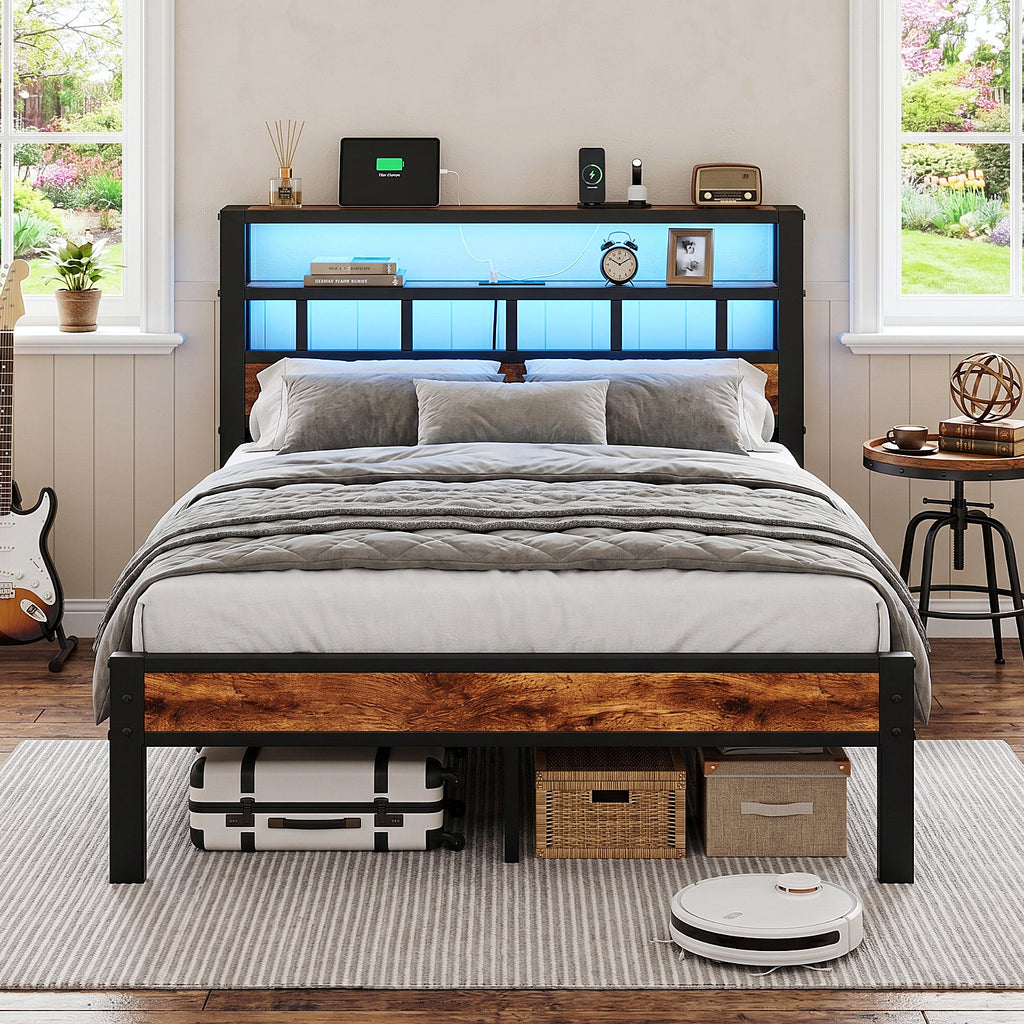 Bexfil Full Bed Frame with Storage Headboard and LED Light, Metal Platform Bed Station with Charging Station & LED, Noise-Free, No Box Spring Needed