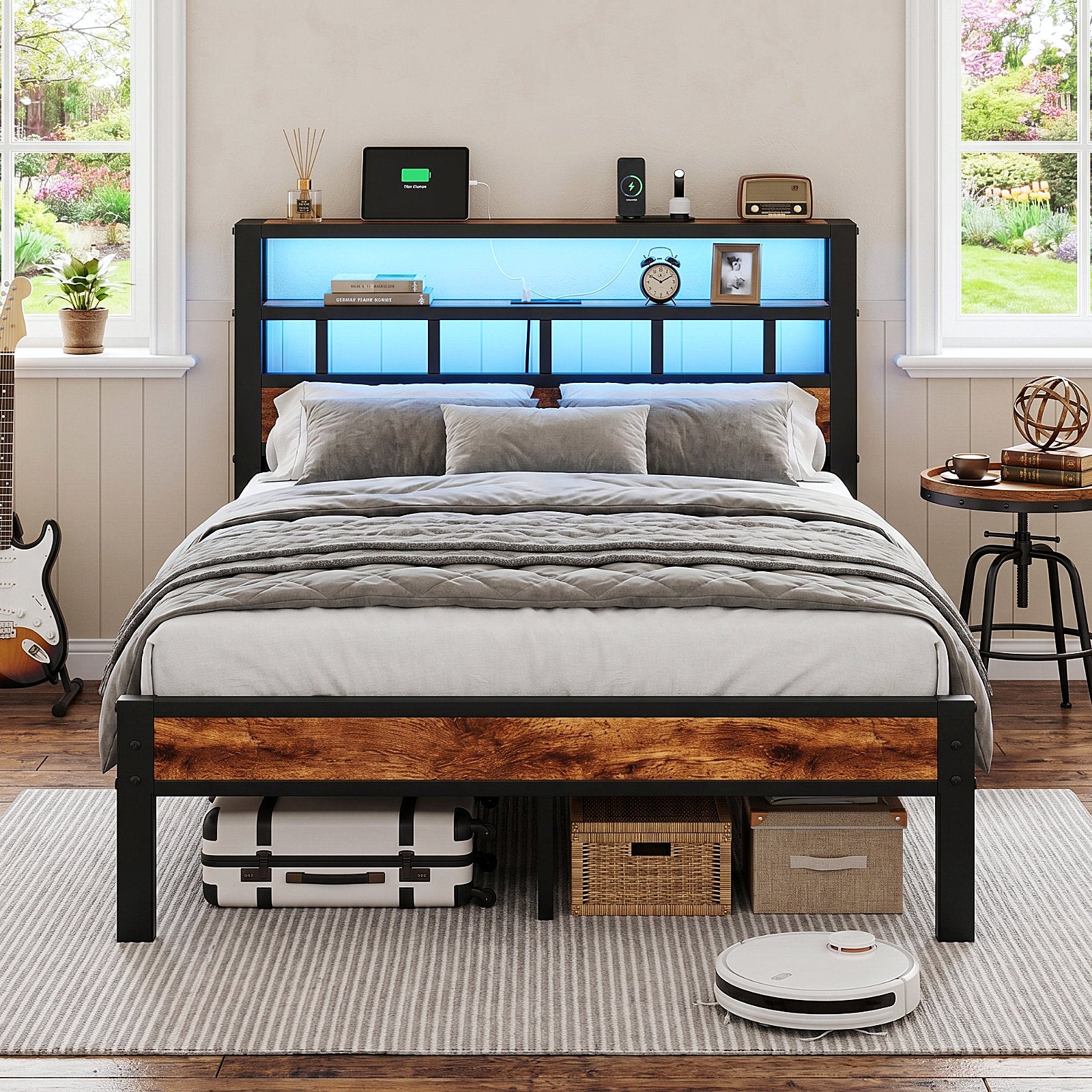 Bexfil Full Bed Frame with Storage Headboard and LED Light, Metal Platform Bed Station with Charging Station & LED, Noise-Free, No Box Spring Needed