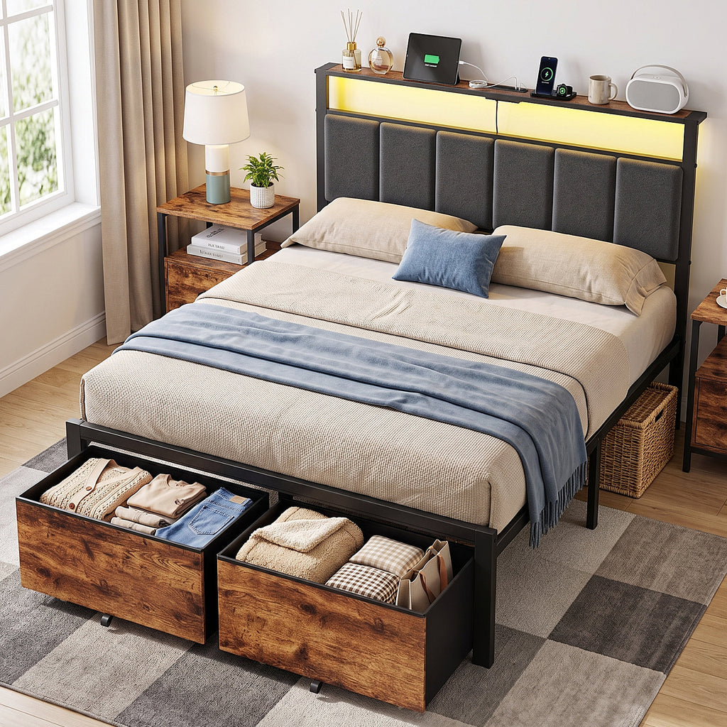 Kbun Full Size Bed Frame with Charging Station, LED Lights, Metal Platform Bed Frames Upholstered with 2 Large Storage Drawers,No Box Spring Needed