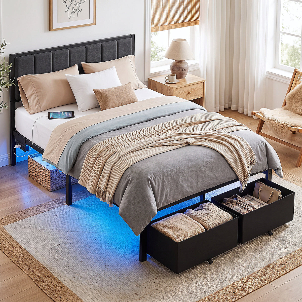 Bexfil Full Bed Frame with 2 Storage Drawers, Grey Upholstered | Headboard with Charging Station and LED Lights, Metal Platform Bed with Storage Shelf, Noise Free, No Box Spring Needed
