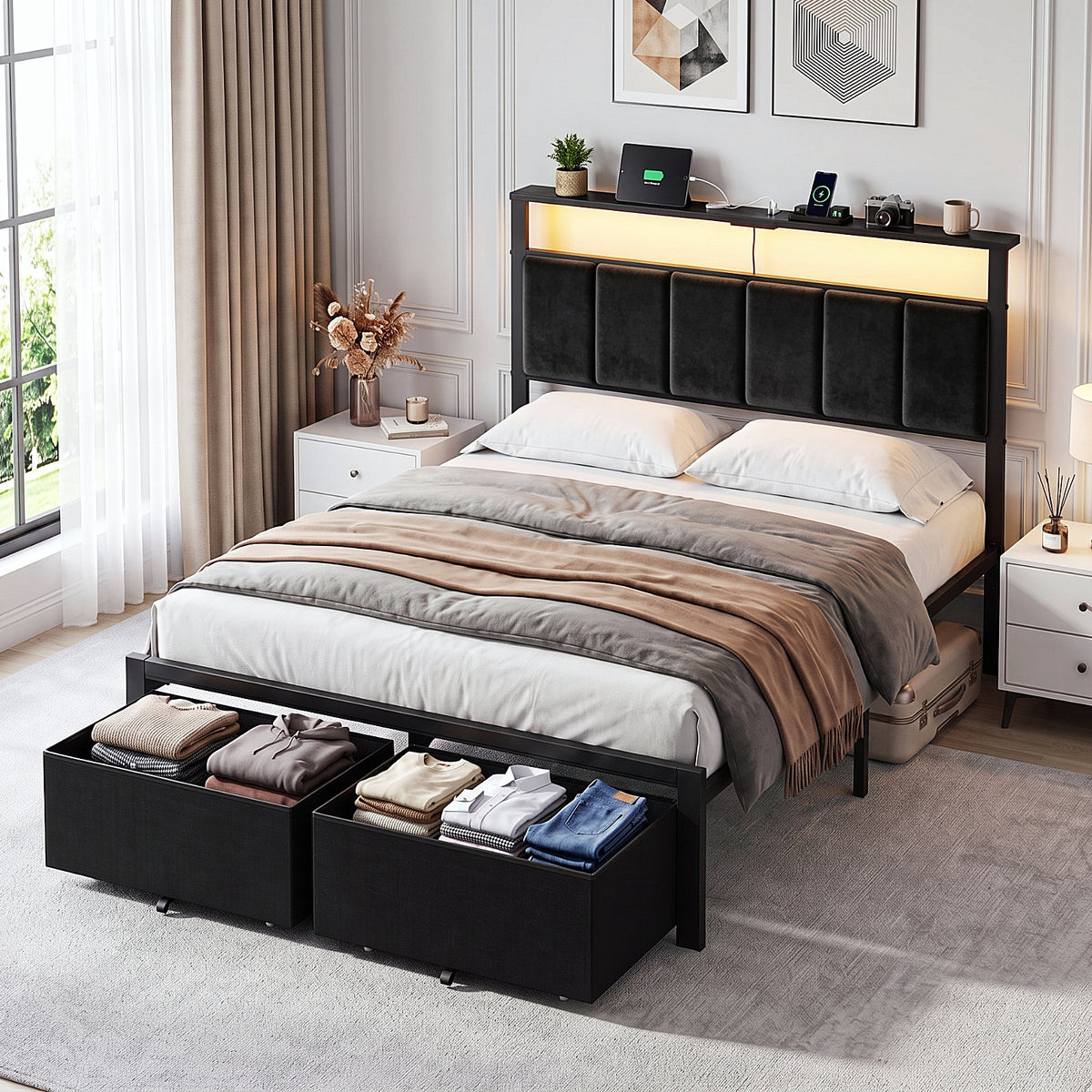 Bexfil Full Size Bed Frame with Built in Charging Station and LED Light, Metal Platform Bed Frames with 2 Storage Drawers, Noise-Free,Metal Support, No Box Spring Needed, Black
