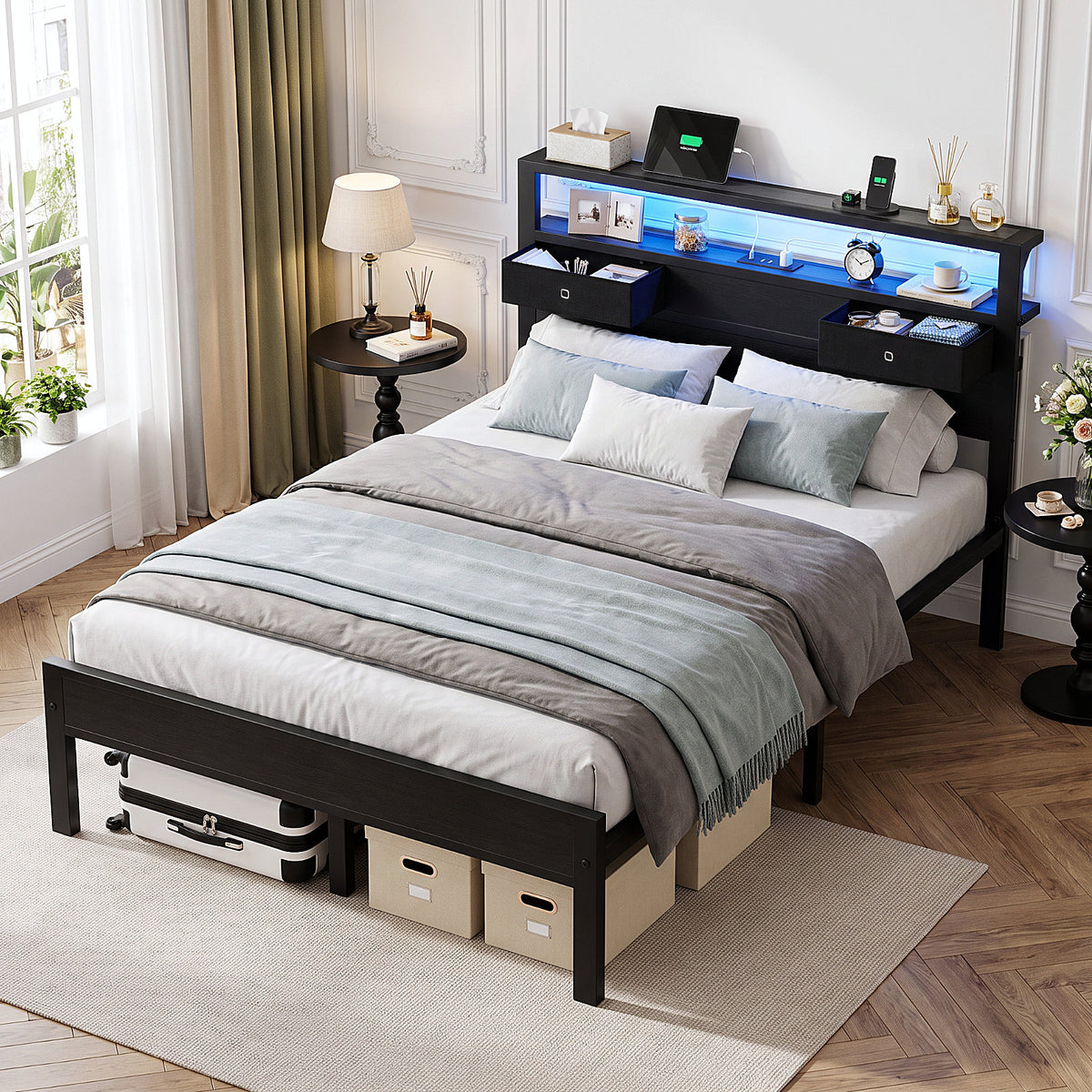 Kbun Full Size Metal Platforrm Bed Frame with LED Lights Headboard, 2 Storage Drawers and Charging Station, No Box Spring Needed, Easy Assembly