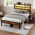 Bexfil Full Bed Frame with Storage Headboard and LED Light, Metal Platform Bed Station with Charging Station & LED, Noise-Free, No Box Spring Needed