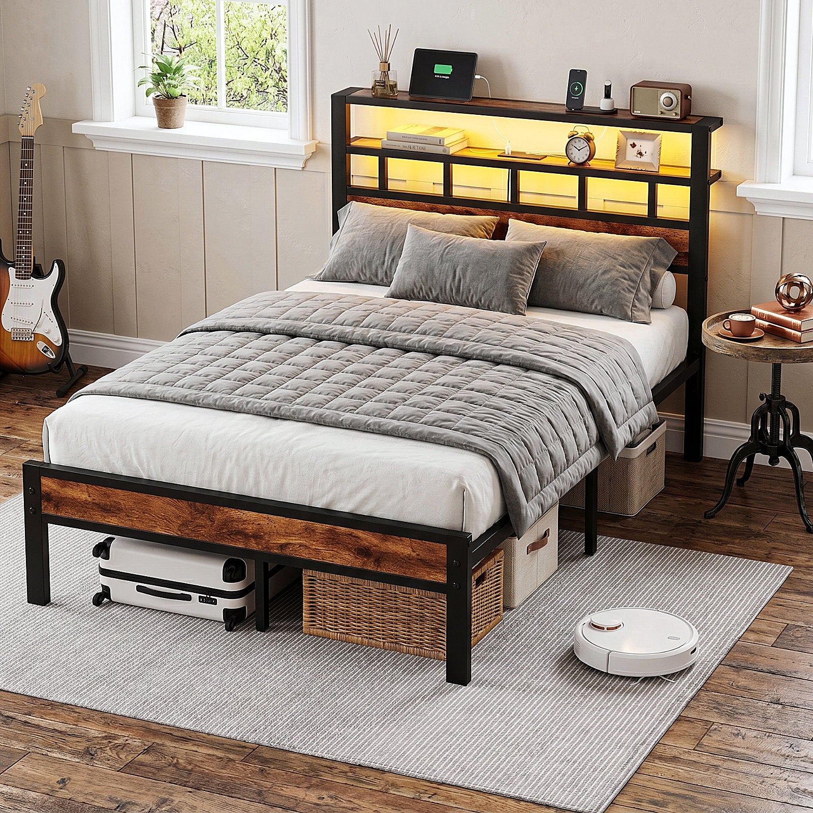 Kbun Twin Size LED Metal Bed Frame with 2-Tier Storage Headboard and Charging Station,No Box Spring Needed, Easy Assembly, Brown