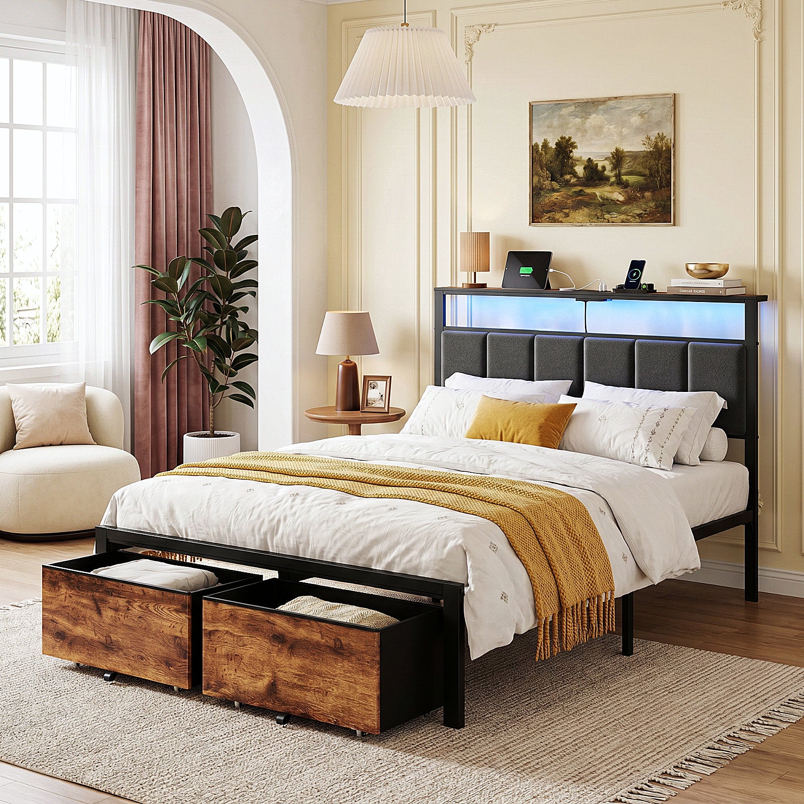 Dayago Full Bed Frame with 2 Storage Drawers, Metal Platform Bed Frame Full Size Upholstered Headboard with Storage, Fast Charging Station and LED Lights, No Box Spring Needed, Easy Assembly, Brown