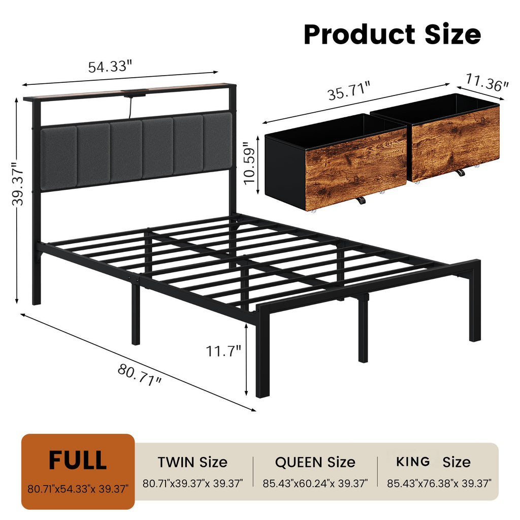 Bexfil Full Bed Frame with 2 Storage Drawers, Metal Platform Bed Frame with Built in Charging Station & LED, Noise-Free, Metal Support, No Box Spring Needed, Classic Brown