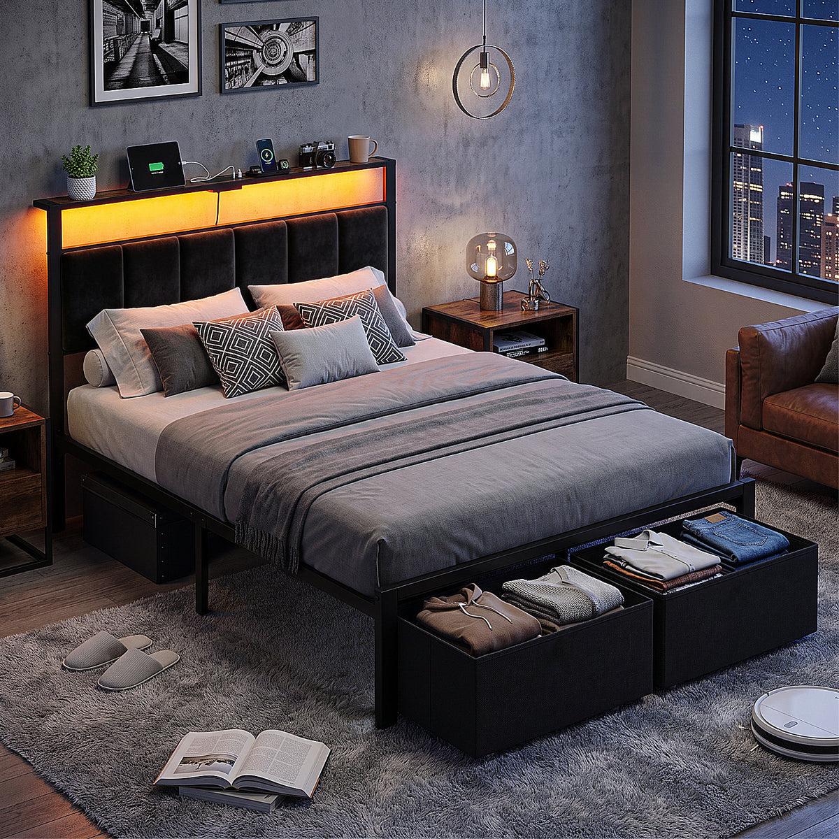 Bexfil Full Size Bed Frame with Built in Charging Station and LED Light, Metal Platform Bed Frames with 2 Storage Drawers, Noise-Free,Metal Support, No Box Spring Needed, Black