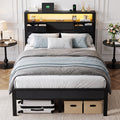 Kbun Full Size Metal Platforrm Bed Frame with LED Lights Headboard, 2 Storage Drawers and Charging Station, No Box Spring Needed, Easy Assembly
