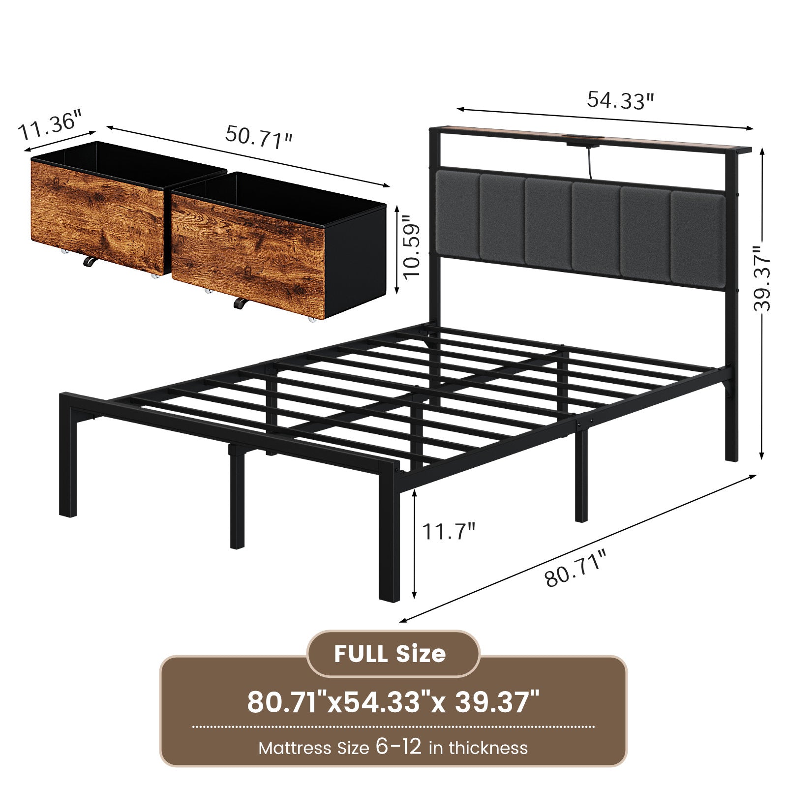 Dayago Full Bed Frame with 2 Storage Drawers, Metal Platform Bed Frame Full Size Upholstered Headboard with Storage, Fast Charging Station and LED Lights, No Box Spring Needed, Easy Assembly, Brown