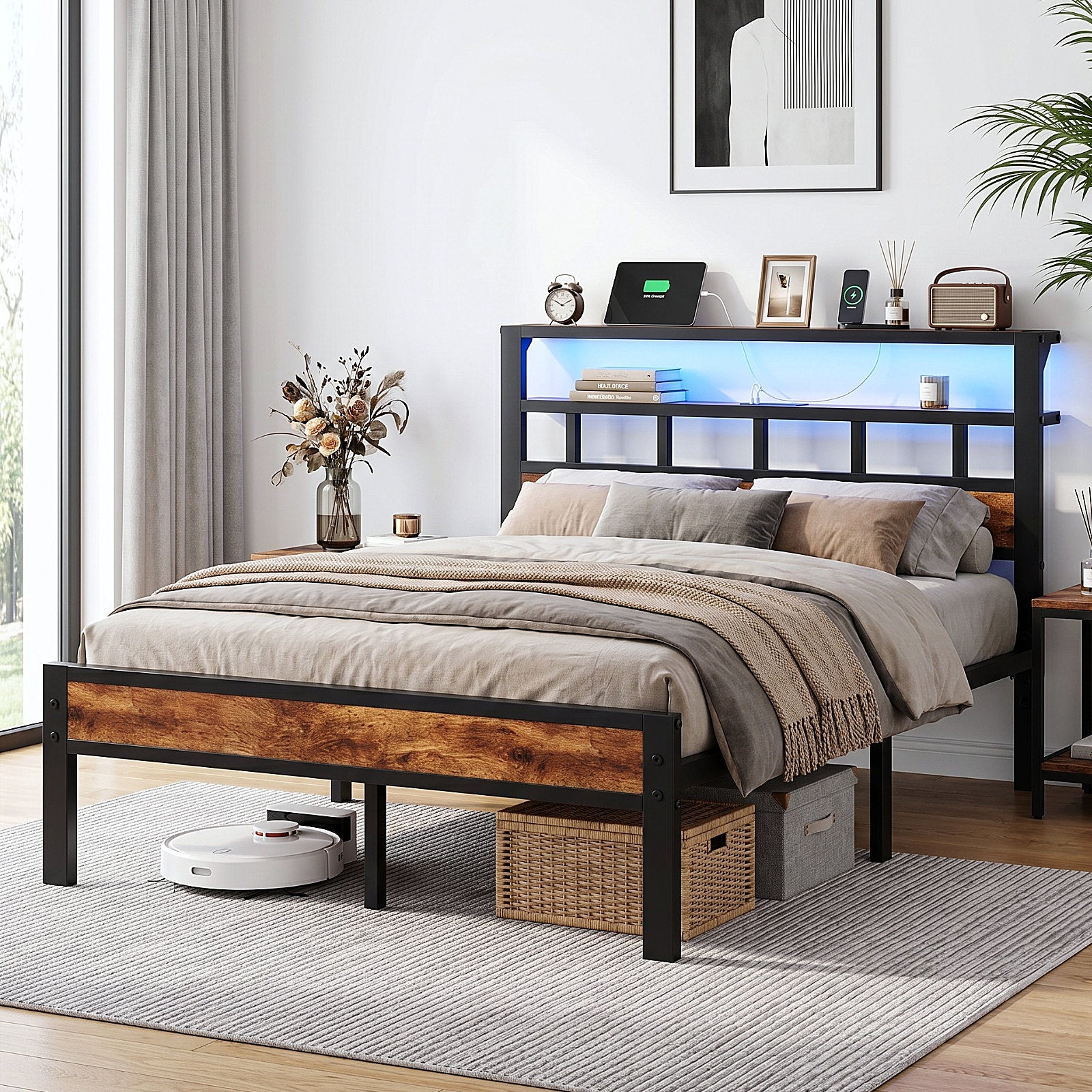 Bexfil Full Bed Frame with Storage Headboard and LED Light, Metal Platform Bed Station with Charging Station & LED, Noise-Free, No Box Spring Needed