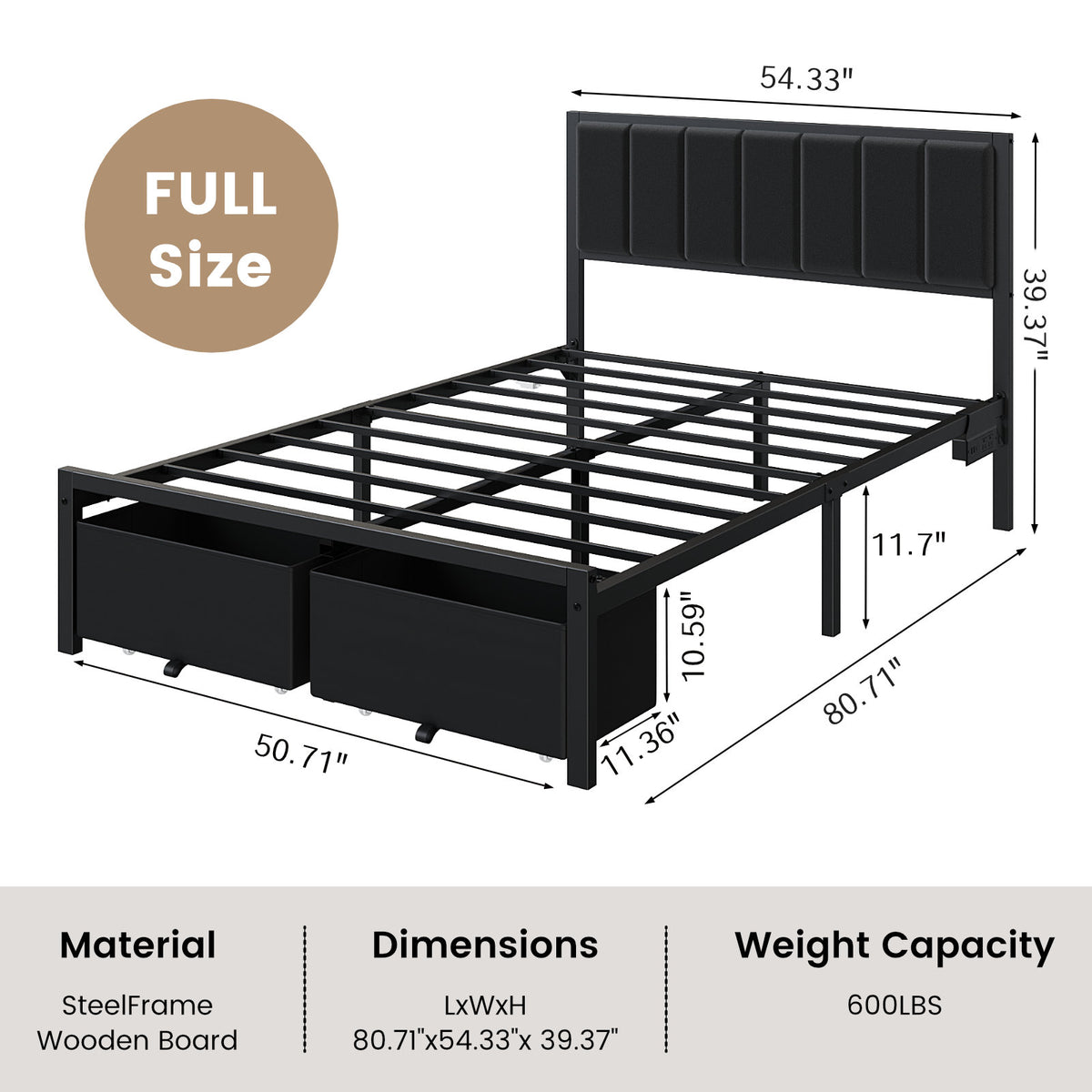 Bexfil Full Bed Frame with 2 Storage Drawers, Grey Upholstered | Headboard with Charging Station and LED Lights, Metal Platform Bed with Storage Shelf, Noise Free, No Box Spring Needed