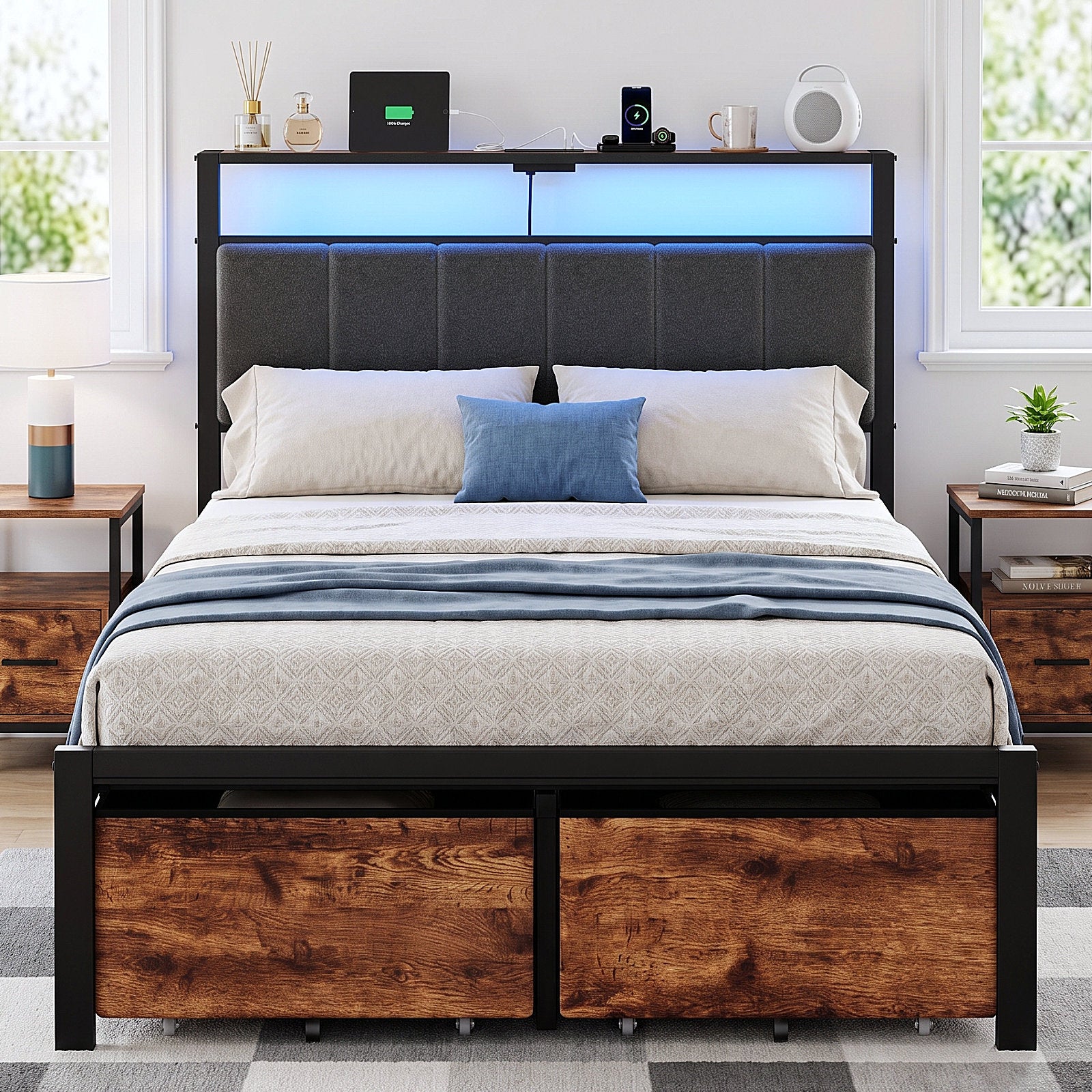 Bexfil Full Bed Frame with 2 Storage Drawers, Metal Platform Bed Frame with Built in Charging Station & LED, Noise-Free, Metal Support, No Box Spring Needed, Classic Brown