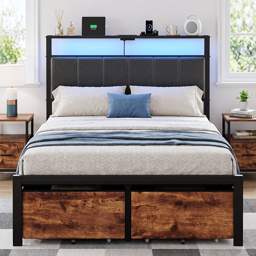 Bexfil Full Bed Frame with 2 Storage Drawers, Metal Platform Bed Frame with Built in Charging Station & LED, Noise-Free, Metal Support, No Box Spring Needed, Classic Brown