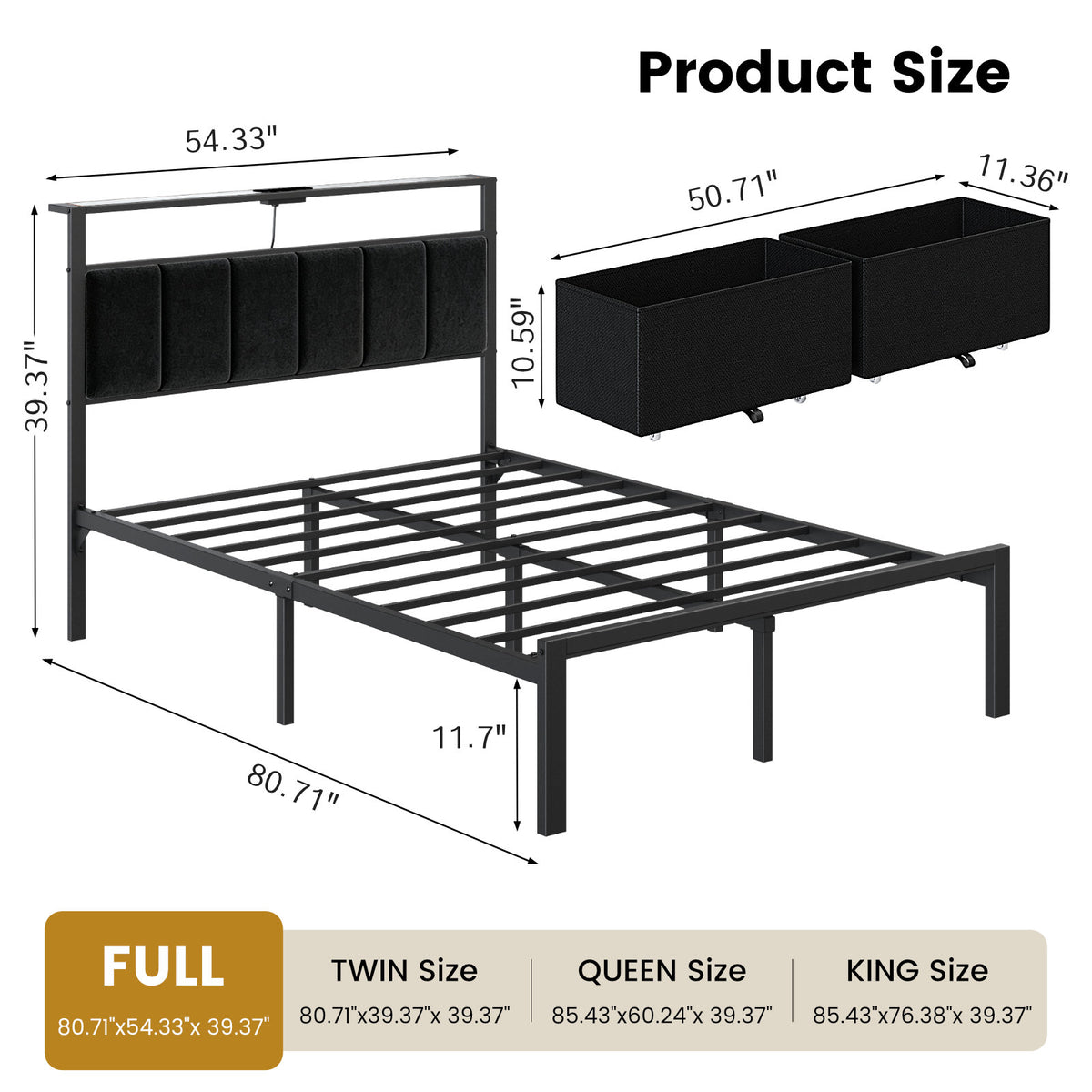 Bexfil Full Size Bed Frame with Built in Charging Station and LED Light, Metal Platform Bed Frames with 2 Storage Drawers, Noise-Free,Metal Support, No Box Spring Needed, Black