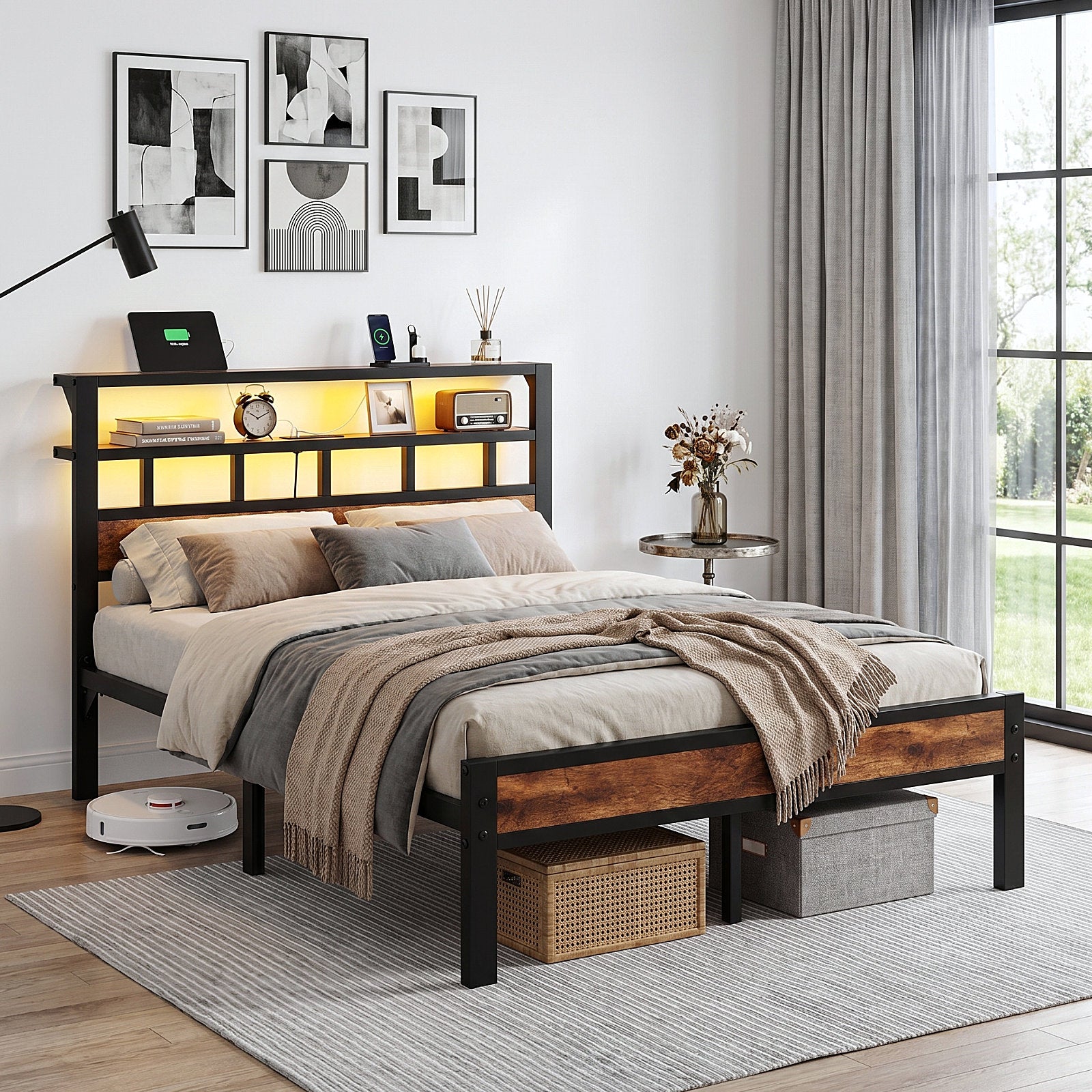 Bexfil Full Bed Frame with Storage Headboard and LED Light, Metal Platform Bed Station with Charging Station & LED, Noise-Free, No Box Spring Needed