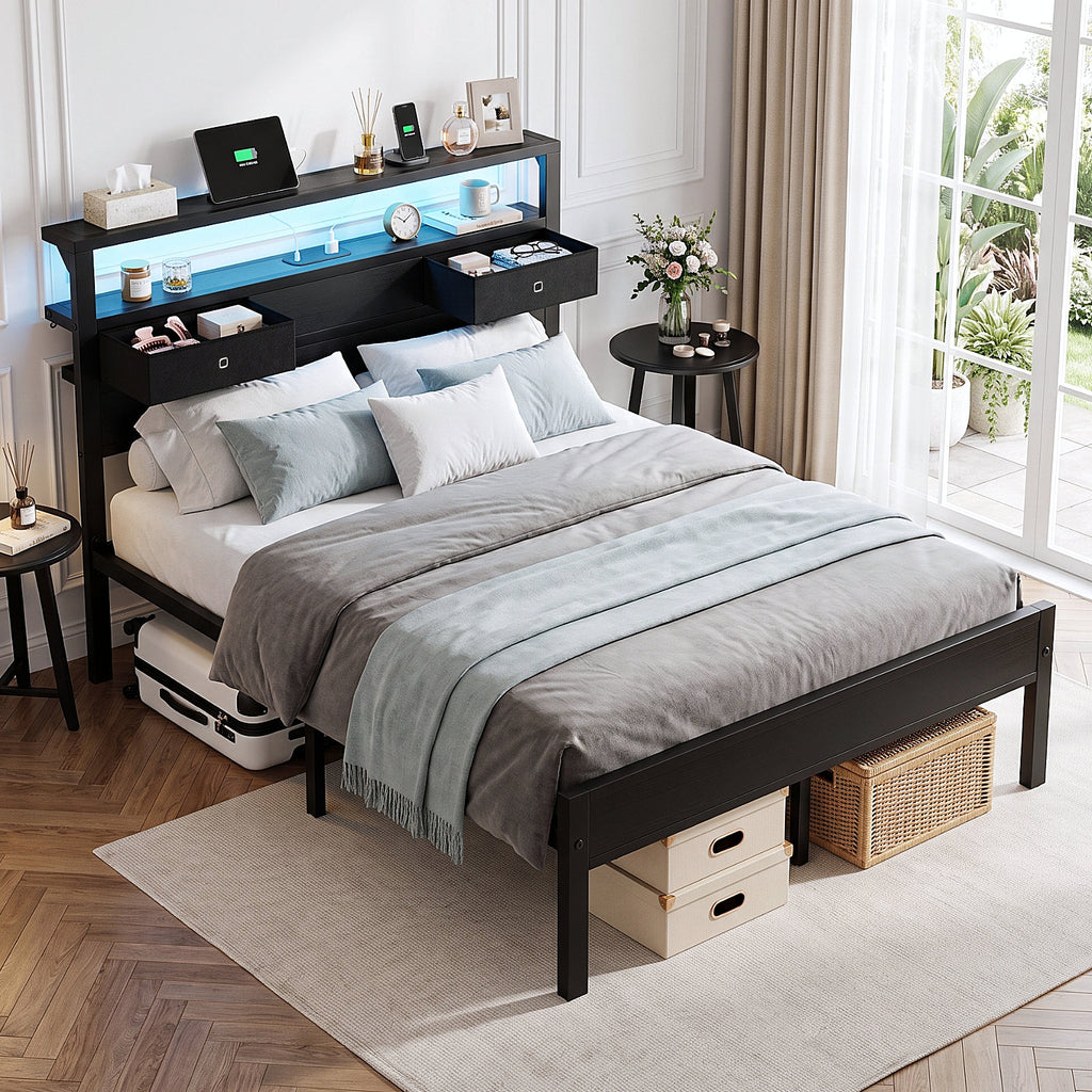 Kbun Full Size Metal Platforrm Bed Frame with LED Lights Headboard, 2 Storage Drawers and Charging Station, No Box Spring Needed, Easy Assembly