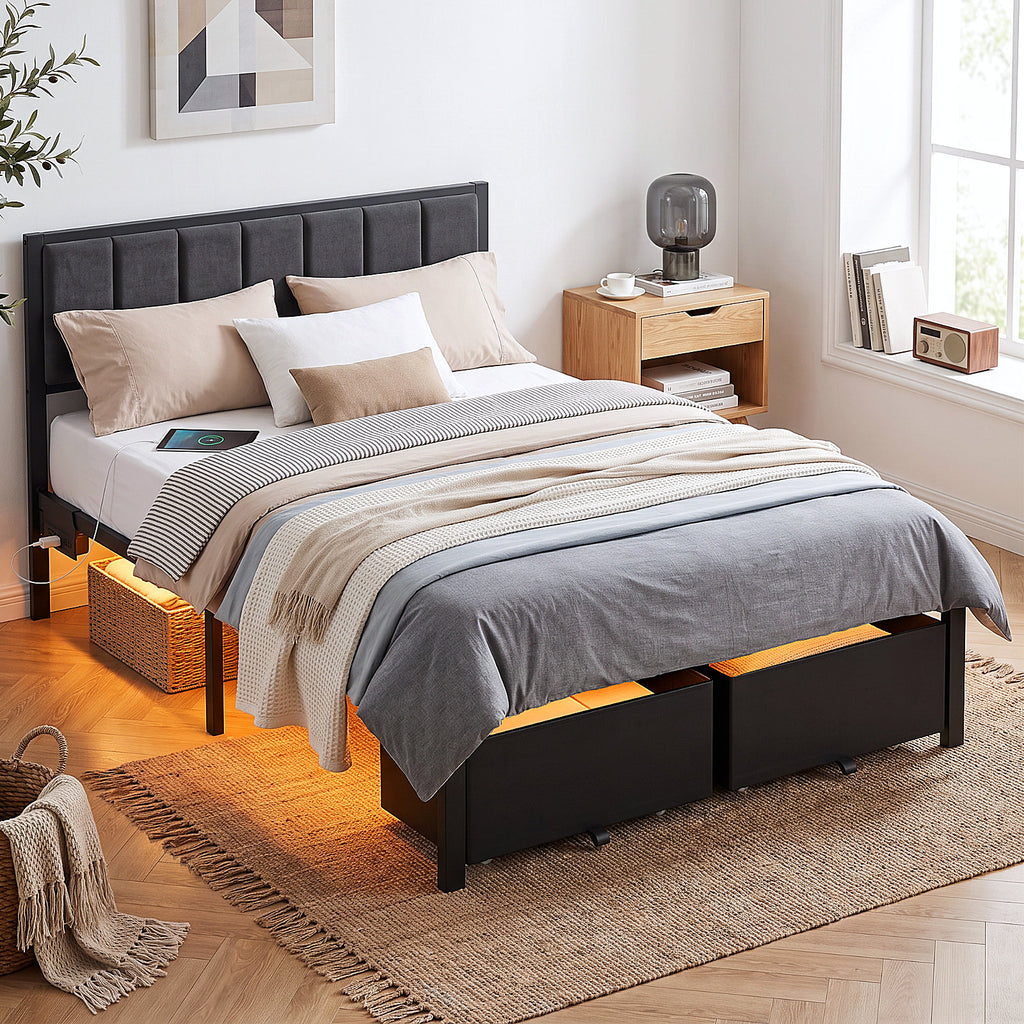 Bexfil Full Bed Frame with 2 Storage Drawers, Grey Upholstered | Headboard with Charging Station and LED Lights, Metal Platform Bed with Storage Shelf, Noise Free, No Box Spring Needed