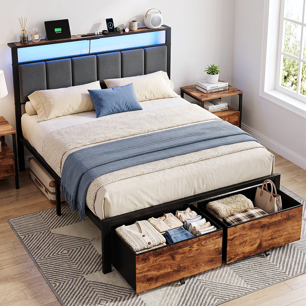 Bexfil Full Bed Frame with 2 Storage Drawers, Metal Platform Bed Frame with Built in Charging Station & LED, Noise-Free, Metal Support, No Box Spring Needed, Classic Brown