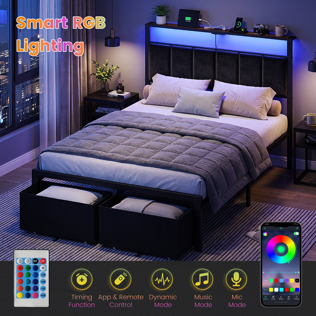 Bexfil Full Size Bed Frame with Built in Charging Station and LED Light, Metal Platform Bed Frames with 2 Storage Drawers, Noise-Free,Metal Support, No Box Spring Needed, Black