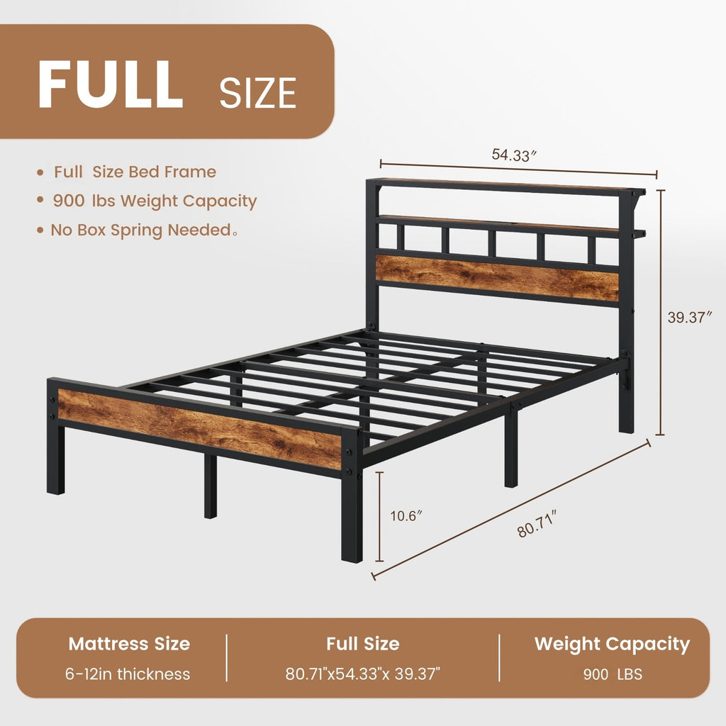 Bexfil Full Bed Frame with Storage Headboard and LED Light, Metal Platform Bed Station with Charging Station & LED, Noise-Free, No Box Spring Needed