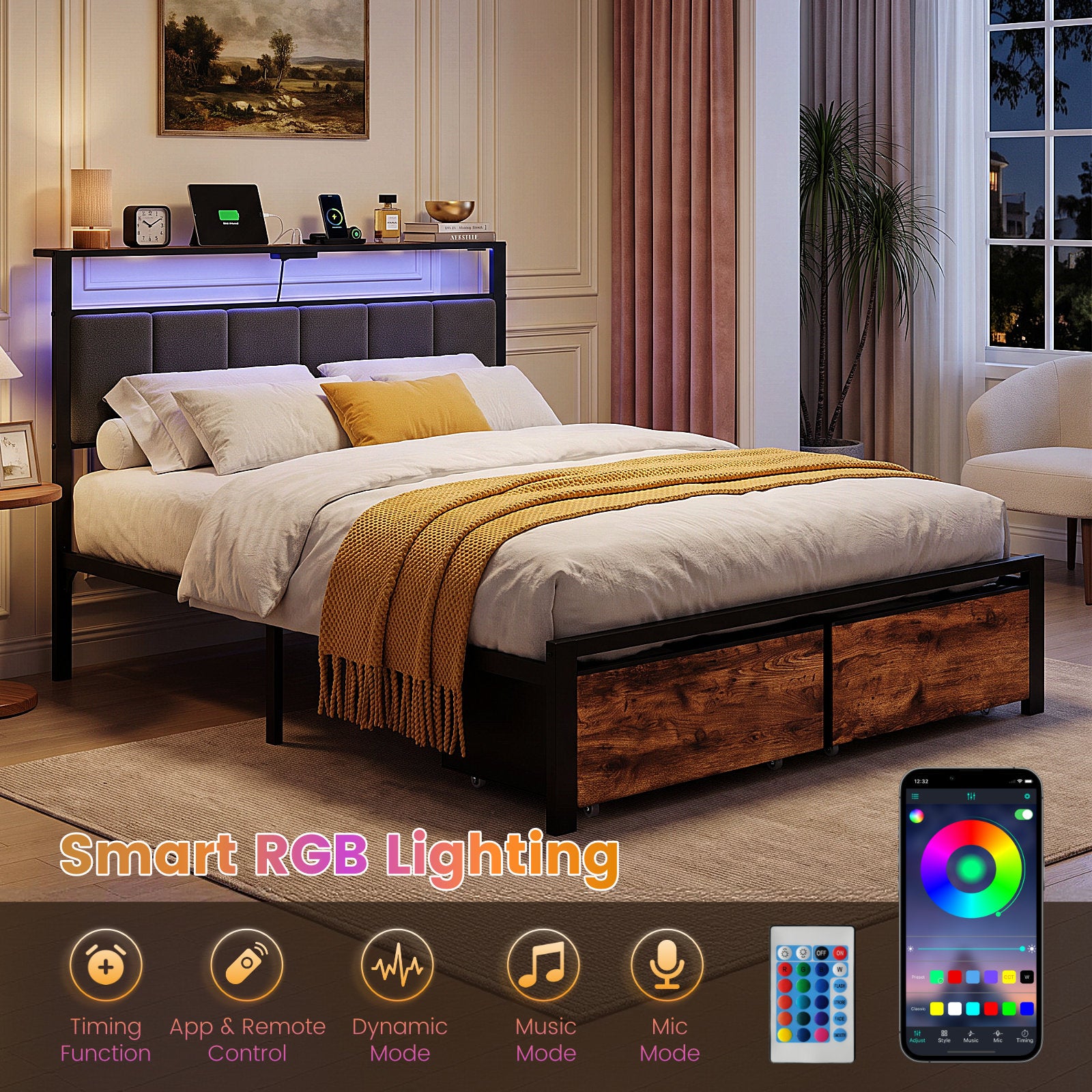 Dayago Full Bed Frame with 2 Storage Drawers, Metal Platform Bed Frame Full Size Upholstered Headboard with Storage, Fast Charging Station and LED Lights, No Box Spring Needed, Easy Assembly, Brown