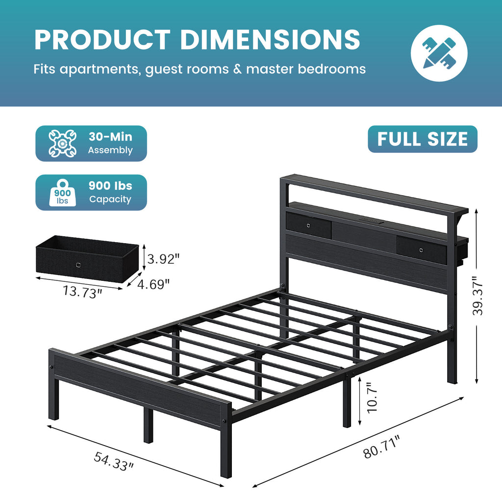 Kbun Full Size Metal Platforrm Bed Frame with LED Lights Headboard, 2 Storage Drawers and Charging Station, No Box Spring Needed, Easy Assembly
