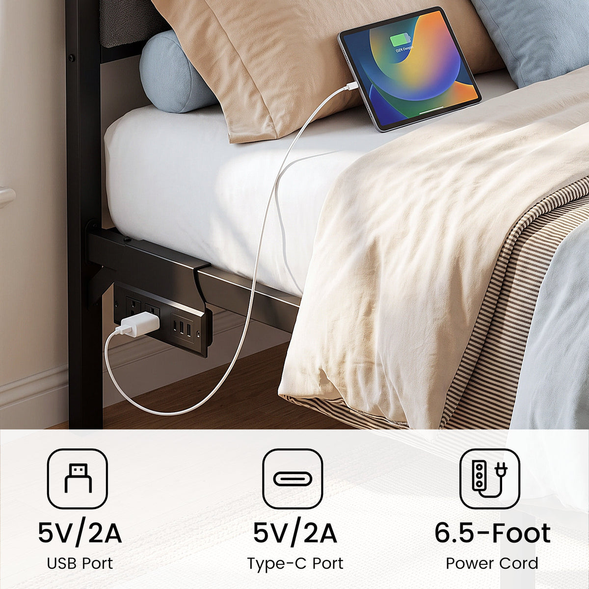 Bexfil Full Bed Frame with 2 Storage Drawers, Grey Upholstered | Headboard with Charging Station and LED Lights, Metal Platform Bed with Storage Shelf, Noise Free, No Box Spring Needed