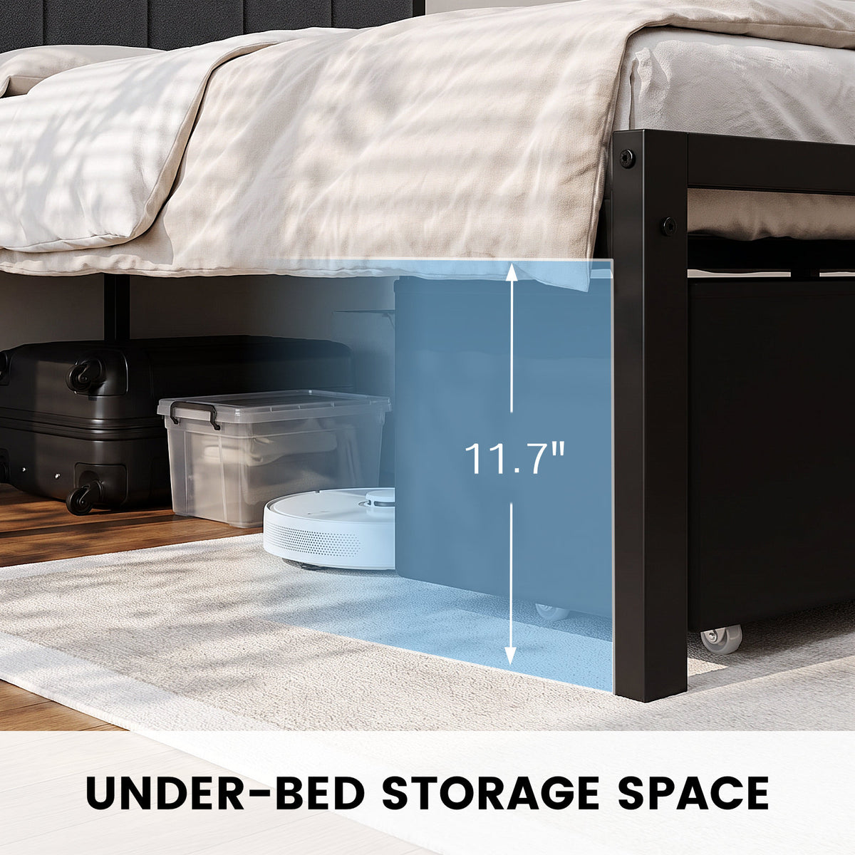 Bexfil Full Bed Frame with 2 Storage Drawers, Grey Upholstered | Headboard with Charging Station and LED Lights, Metal Platform Bed with Storage Shelf, Noise Free, No Box Spring Needed
