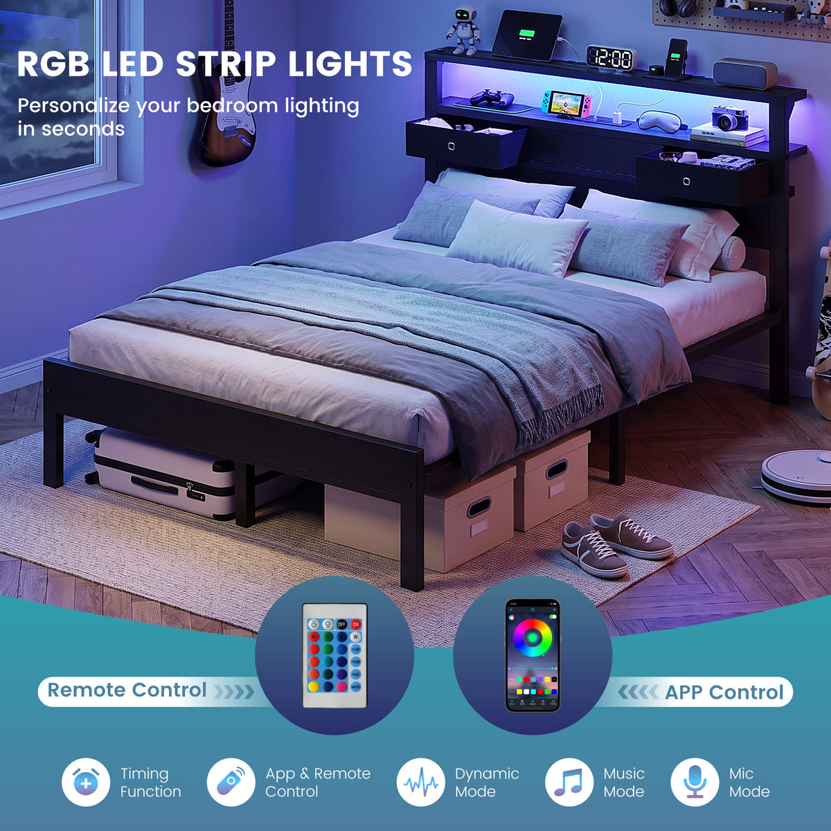 Kbun Full Size Metal Platforrm Bed Frame with LED Lights Headboard, 2 Storage Drawers and Charging Station, No Box Spring Needed, Easy Assembly