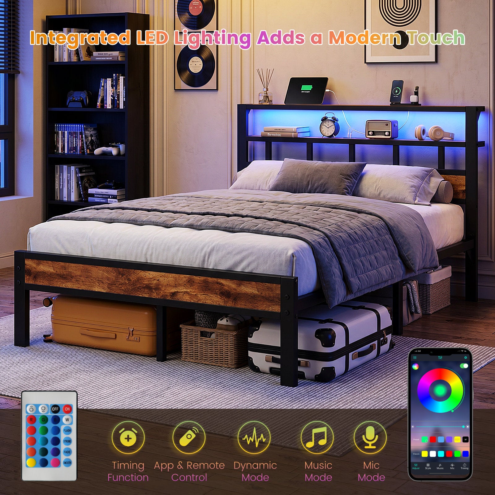 Bexfil Full Bed Frame with Storage Headboard and LED Light, Metal Platform Bed Station with Charging Station & LED, Noise-Free, No Box Spring Needed