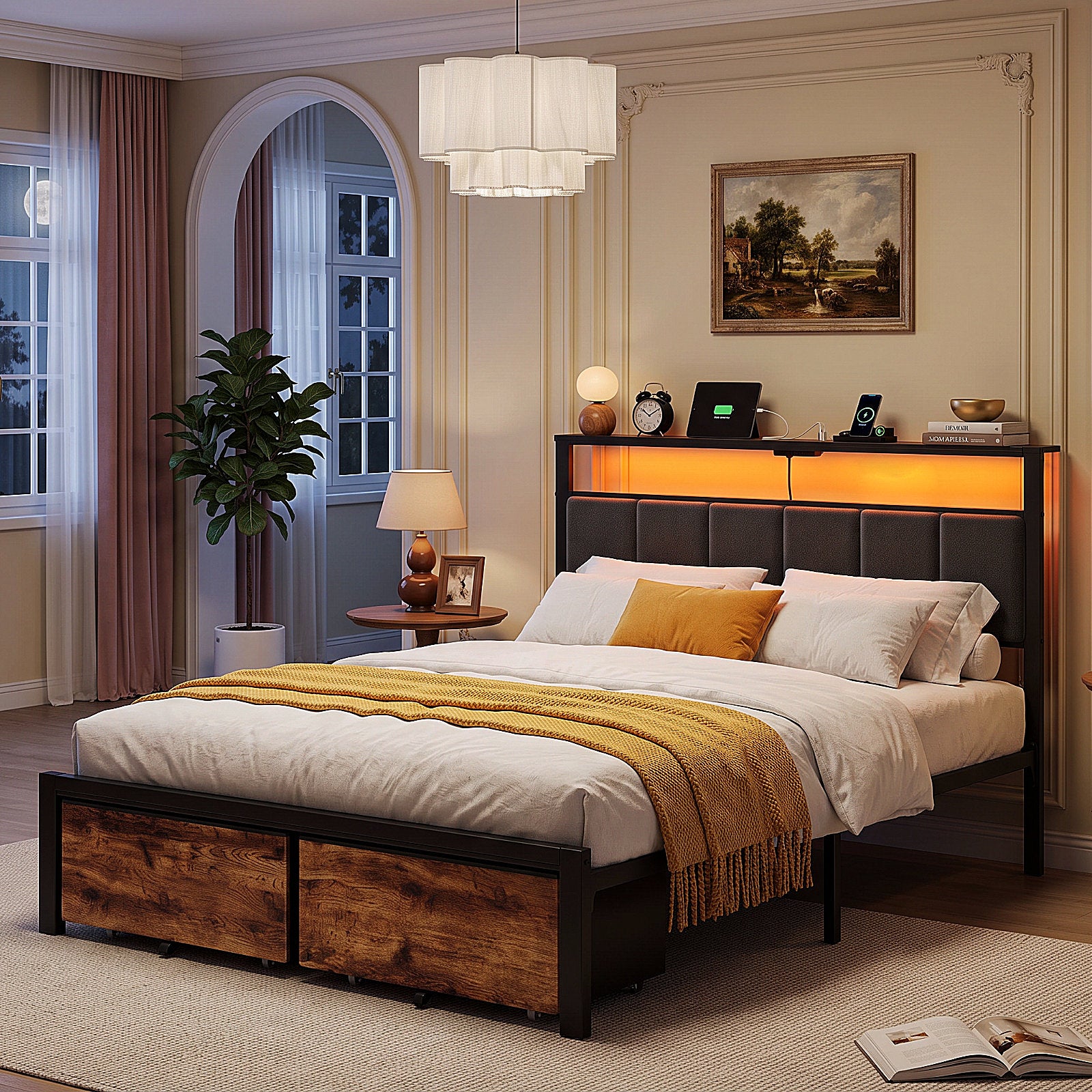 Dayago Full Bed Frame with 2 Storage Drawers, Metal Platform Bed Frame Full Size Upholstered Headboard with Storage, Fast Charging Station and LED Lights, No Box Spring Needed, Easy Assembly, Brown