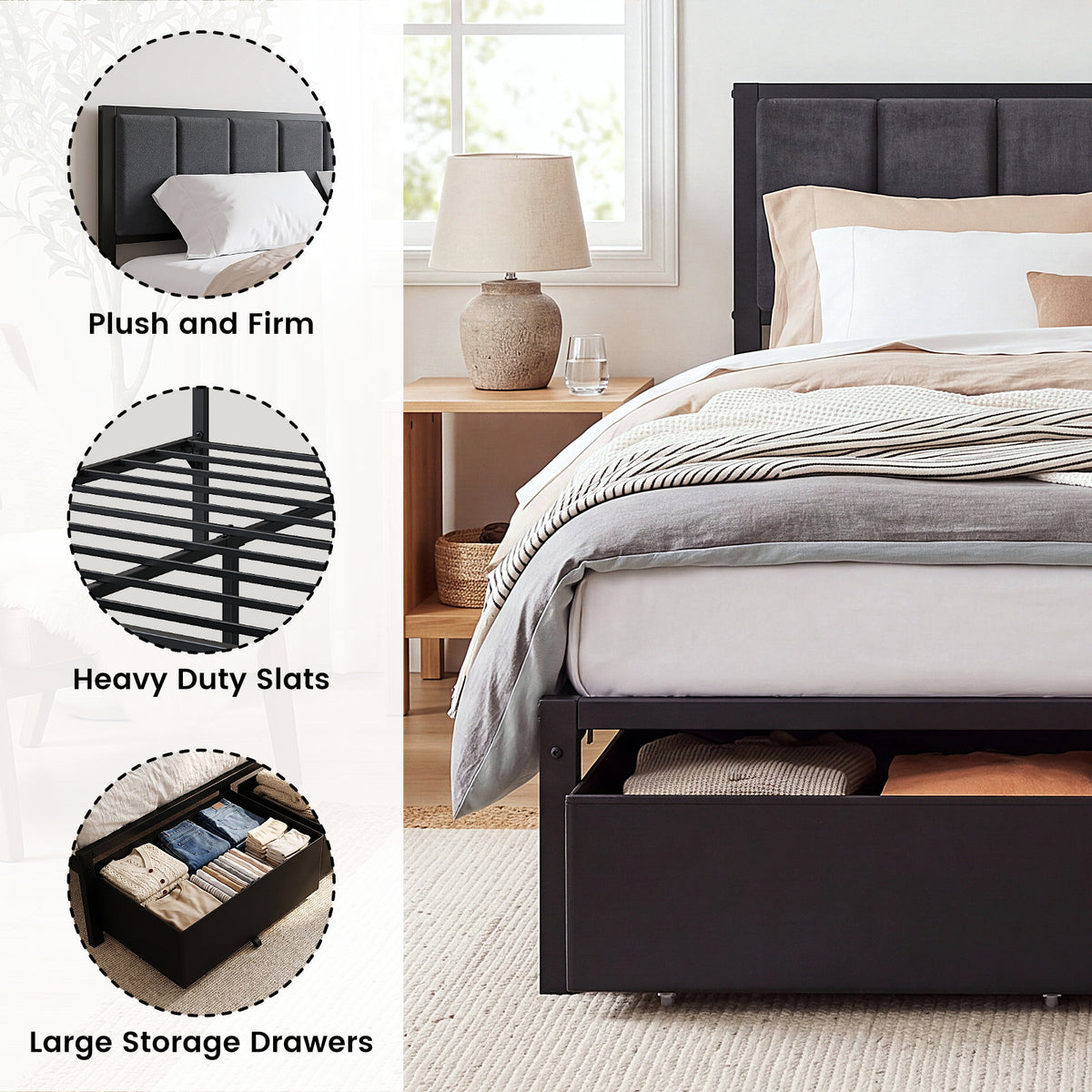 Bexfil Full Bed Frame with 2 Storage Drawers, Grey Upholstered | Headboard with Charging Station and LED Lights, Metal Platform Bed with Storage Shelf, Noise Free, No Box Spring Needed
