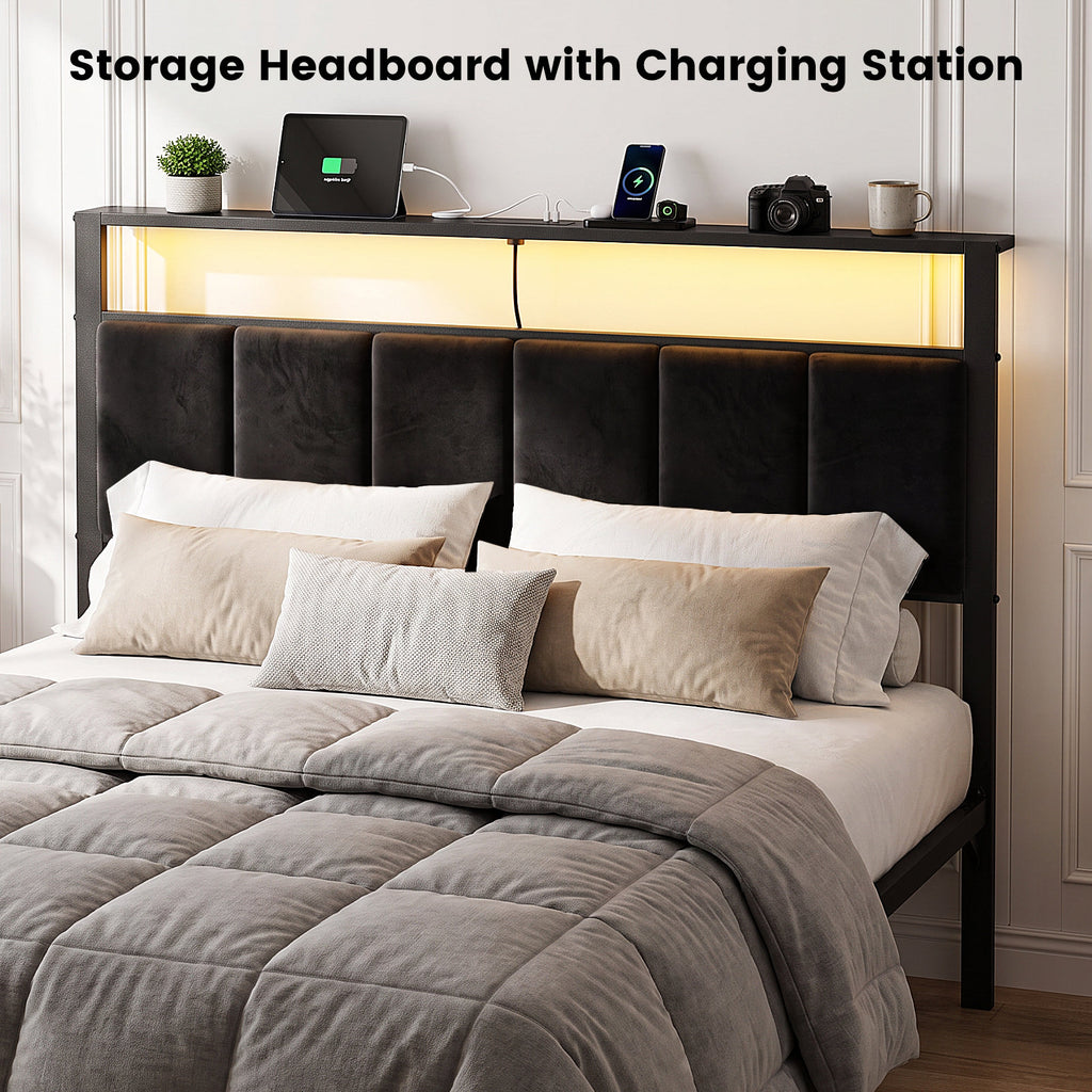 Bexfil Full Size Bed Frame with Built in Charging Station and LED Light, Metal Platform Bed Frames with 2 Storage Drawers, Noise-Free,Metal Support, No Box Spring Needed, Black