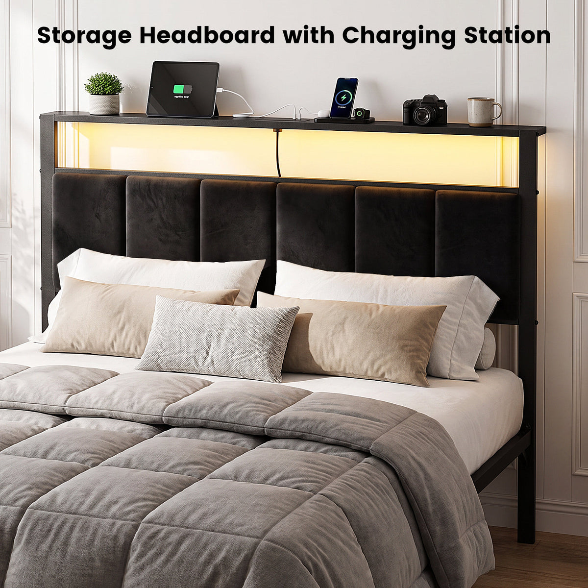 Bexfil Full Size Bed Frame with Built in Charging Station and LED Light, Metal Platform Bed Frames with 2 Storage Drawers, Noise-Free,Metal Support, No Box Spring Needed, Black