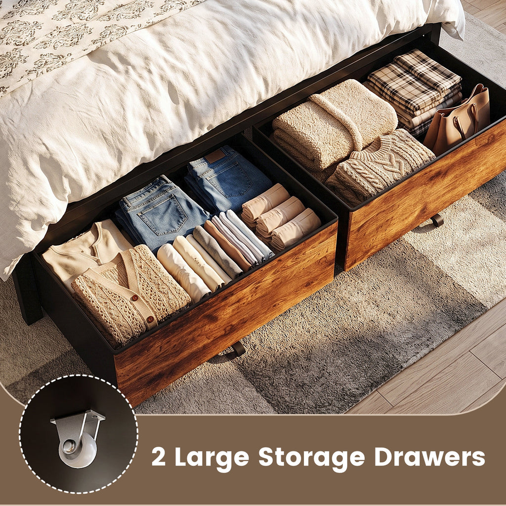 Dayago Full Bed Frame with 2 Storage Drawers, Metal Platform Bed Frame Full Size Upholstered Headboard with Storage, Fast Charging Station and LED Lights, No Box Spring Needed, Easy Assembly, Brown