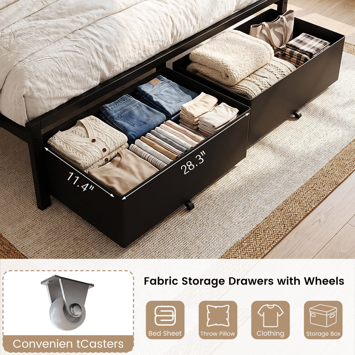Bexfil Full Bed Frame with 2 Storage Drawers, Grey Upholstered | Headboard with Charging Station and LED Lights, Metal Platform Bed with Storage Shelf, Noise Free, No Box Spring Needed