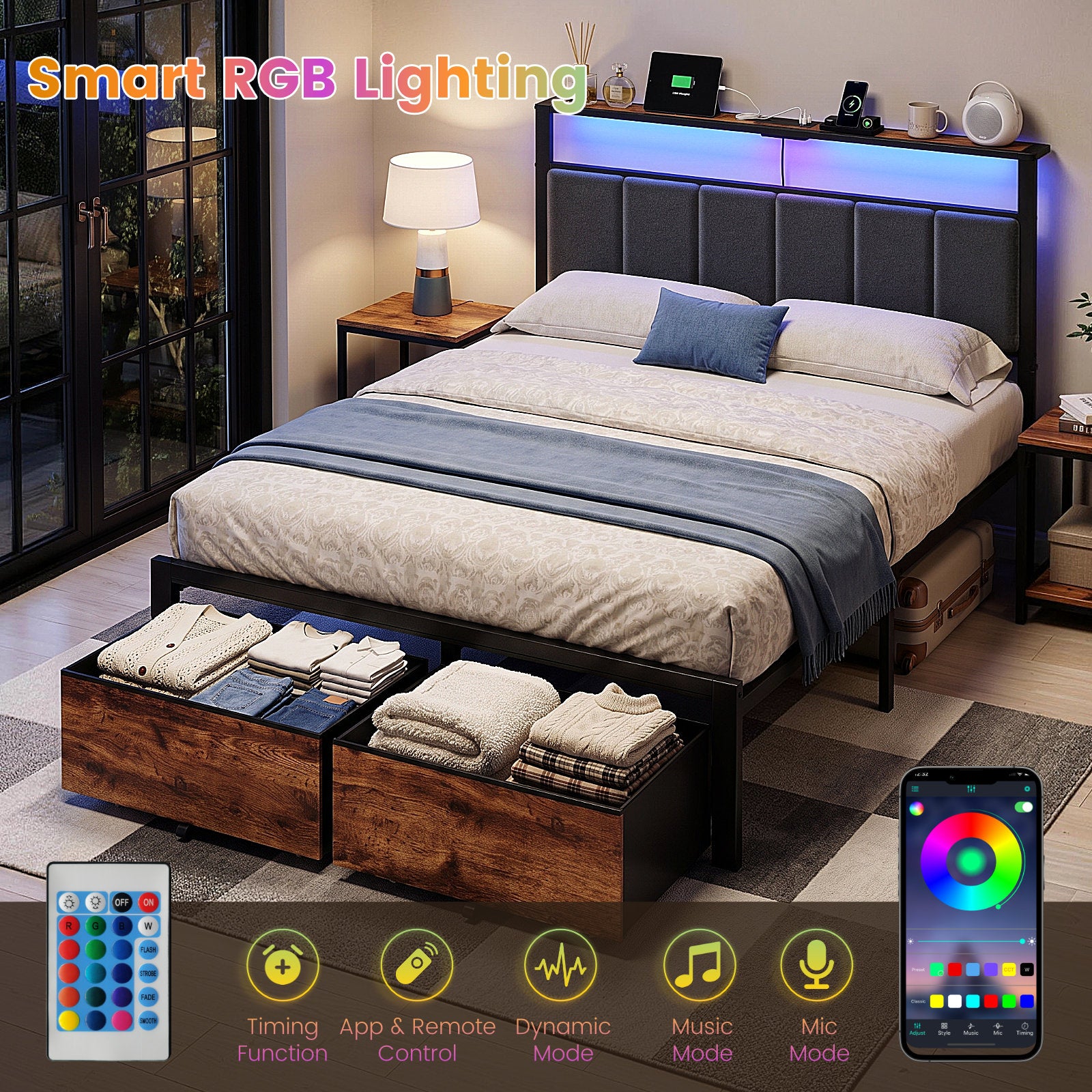 Bexfil Full Bed Frame with 2 Storage Drawers, Metal Platform Bed Frame with Built in Charging Station & LED, Noise-Free, Metal Support, No Box Spring Needed, Classic Brown