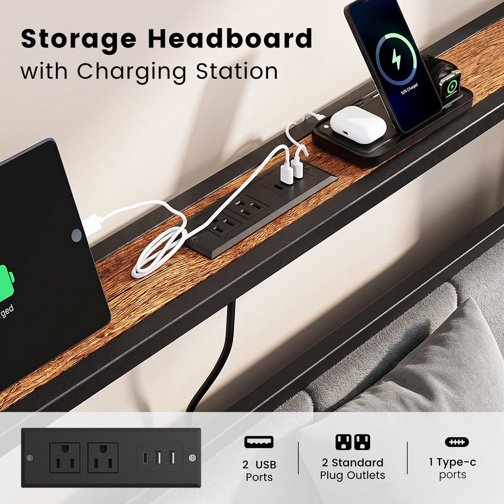 Bexfil Full Bed Frame with 2 Storage Drawers, Metal Platform Bed Frame with Built in Charging Station & LED, Noise-Free, Metal Support, No Box Spring Needed, Classic Brown