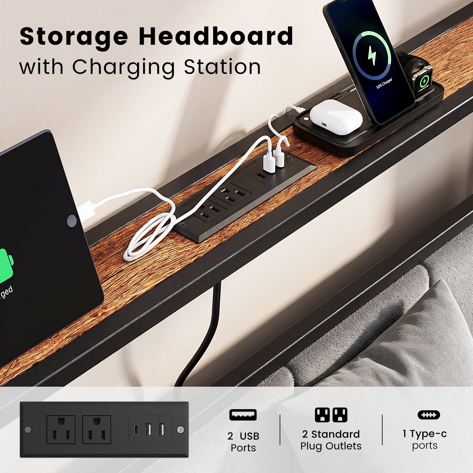 Bexfil Full Bed Frame with 2 Storage Drawers, Metal Platform Bed Frame with Built in Charging Station & LED, Noise-Free, Metal Support, No Box Spring Needed, Classic Brown