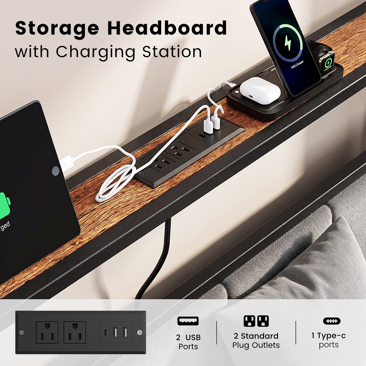 Bexfil Full Bed Frame with 2 Storage Drawers, Metal Platform Bed Frame with Built in Charging Station & LED, Noise-Free, Metal Support, No Box Spring Needed, Classic BrownV