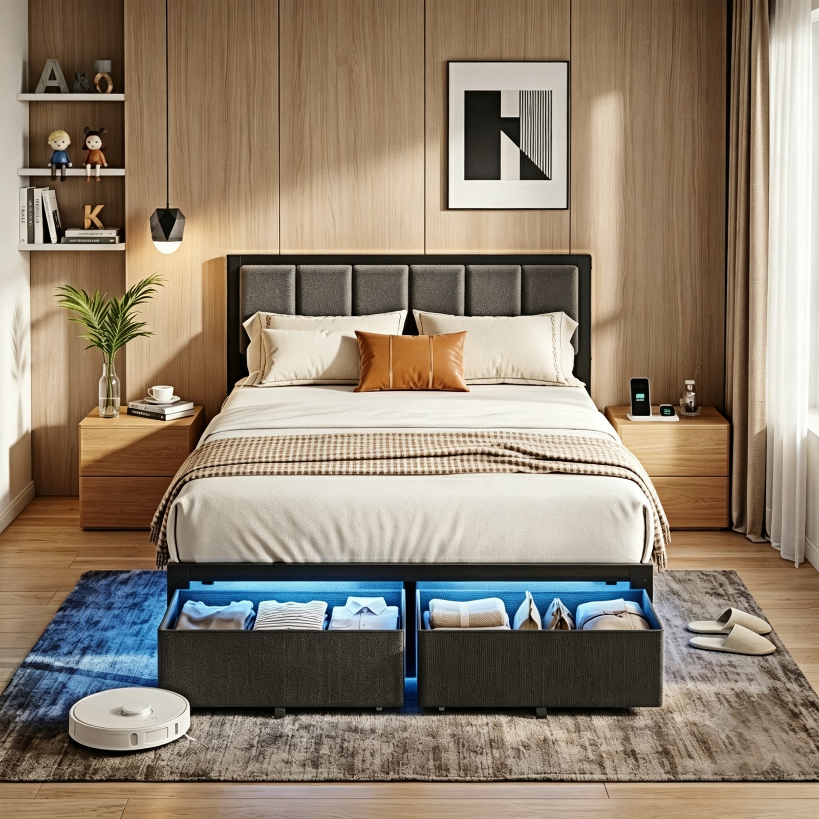Kbun Full Bed Frame with 2 Drawers and Upholstered Headboard, Outlets and LED Lights, Heavy Duty Metal Platform with Storage Space Under Frame, No Box Spring Needed, Noise Free, Gray