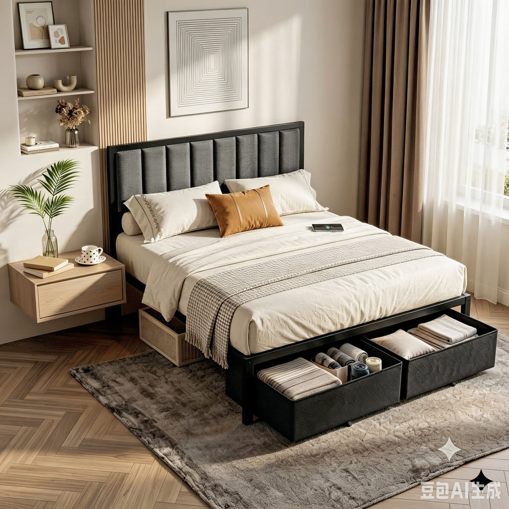 Kbun Full Bed Frame with 2 Drawers and Upholstered Headboard, Outlets and LED Lights, Heavy Duty Metal Platform with Storage Space Under Frame, No Box Spring Needed, Noise Free, Gray