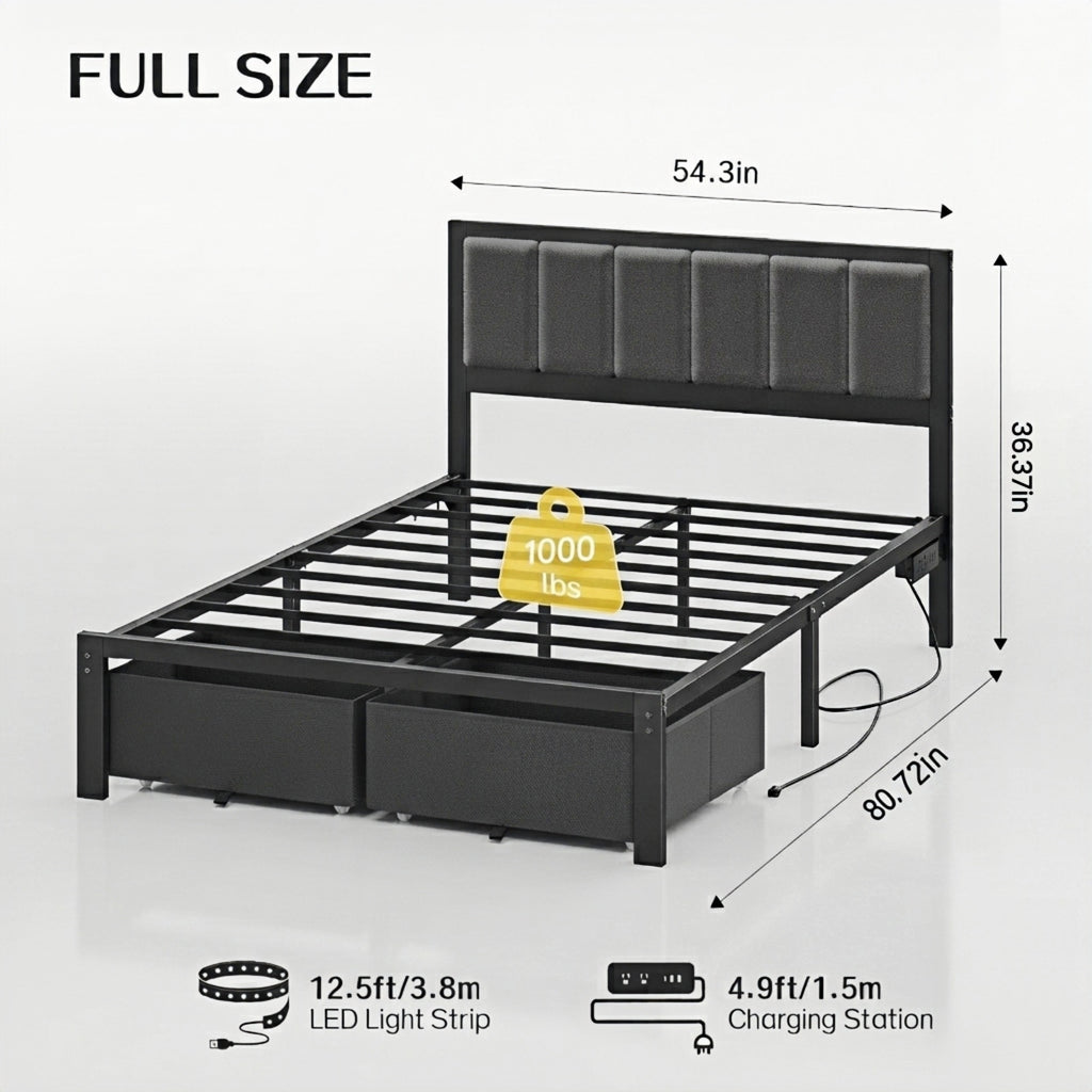 Kbun Full Bed Frame with 2 Drawers and Upholstered Headboard, Outlets and LED Lights, Heavy Duty Metal Platform with Storage Space Under Frame, No Box Spring Needed, Noise Free, Gray