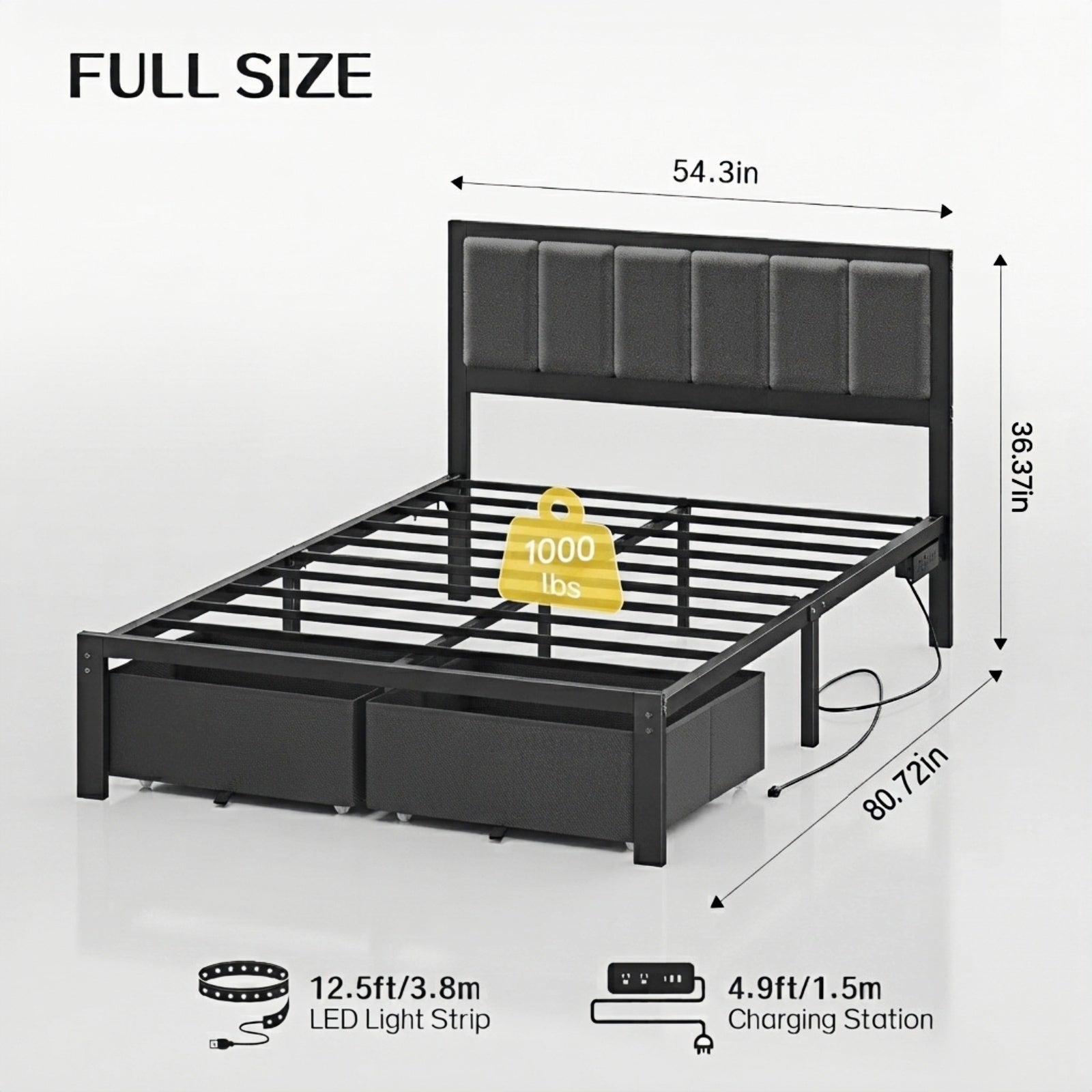 Kbun Full Bed Frame with 2 Drawers and Upholstered Headboard, Outlets and LED Lights, Heavy Duty Metal Platform with Storage Space Under Frame, No Box Spring Needed, Noise Free, Gray