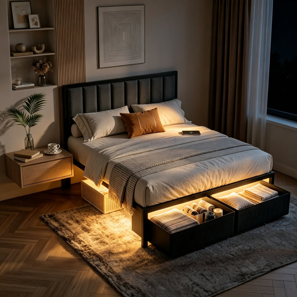 Kbun Full Bed Frame with 2 Drawers and Upholstered Headboard, Outlets and LED Lights, Heavy Duty Metal Platform with Storage Space Under Frame, No Box Spring Needed, Noise Free, Gray