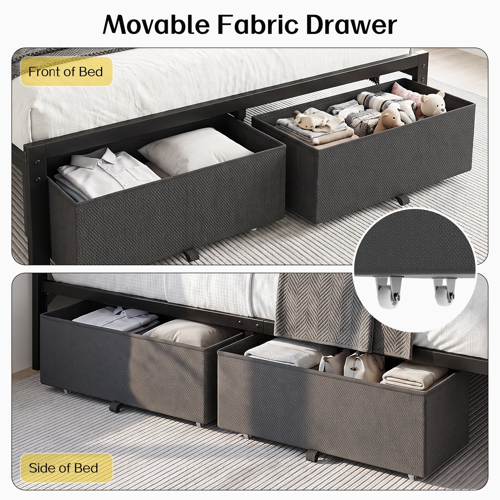 Kbun Full Bed Frame with 2 Drawers and Upholstered Headboard, Outlets and LED Lights, Heavy Duty Metal Platform with Storage Space Under Frame, No Box Spring Needed, Noise Free, Gray