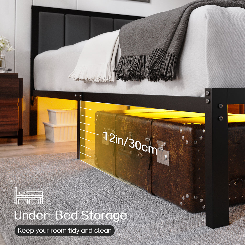 Kbun Full Bed Frame with 2 Drawers and Upholstered Headboard, Outlets and LED Lights, Heavy Duty Metal Platform with Storage Space Under Frame, No Box Spring Needed, Noise Free, Gray