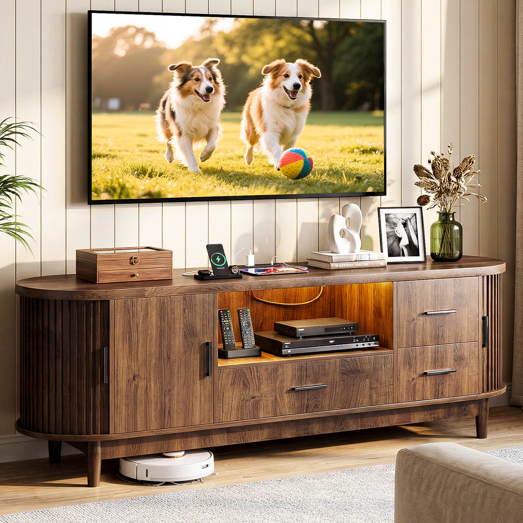 Kbun 63 inch Mid Century Modern TV Stand with Sliding Doors, LED Lights and Storage, Entertainment Center for TVs up to 60 Inch, Media Console with Adjustable Shelves for Living Room, Bedroom, Wood
