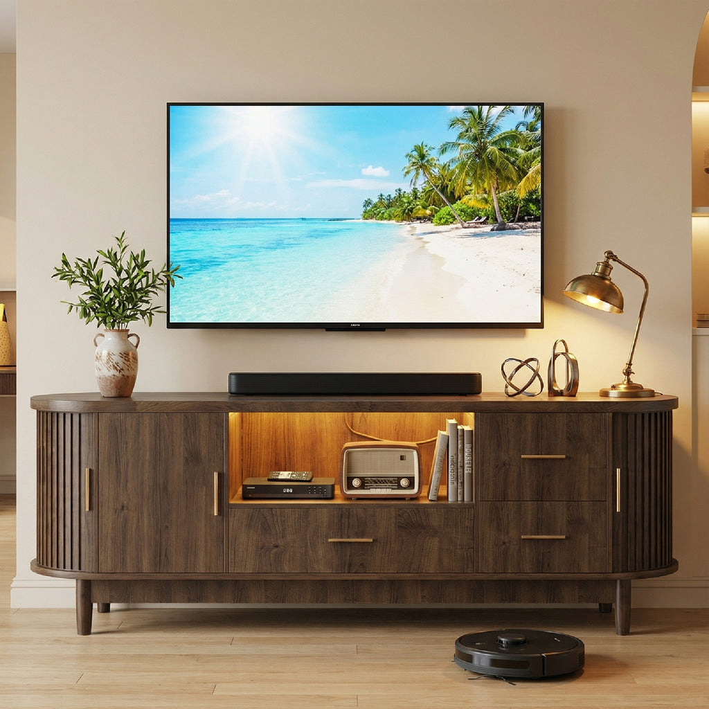 Kbun 63 inch Mid Century Modern TV Stand with Sliding Doors, LED Lights and Storage, Entertainment Center for TVs up to 60 Inch, Media Console with Adjustable Shelves for Living Room, Bedroom, Wood